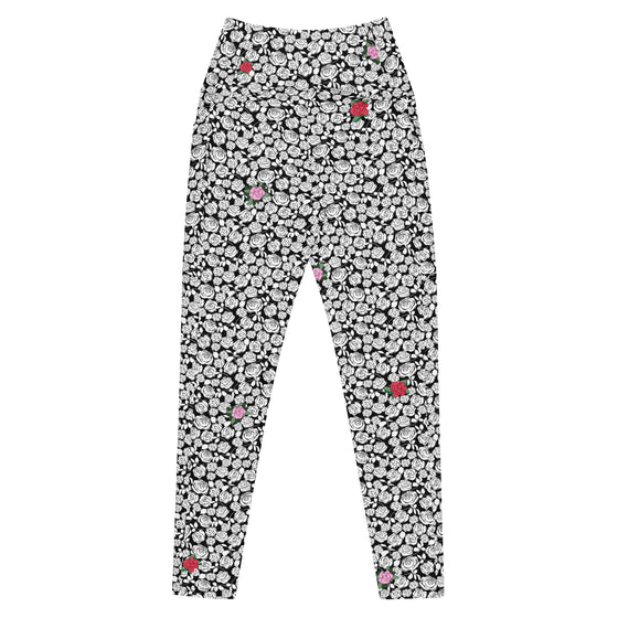 Front view of Black & White Rosette High-Waisted Leggings. Stylish floral print, high-waisted fit with practical side pockets for everyday use.