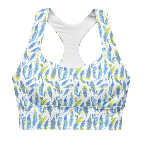 Front view of Blue Feathers White Racerback Sports Bra. Stylish blue feather print with high-impact support, perfect for intense workouts, running, and gym sessions.