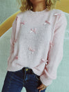 Front view of the Bow Trim Round Neck Long Sleeve Sweater showcasing its bow embellishments and cozy design.