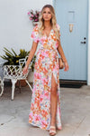 Burnt coral floral maxi dress with a short-sleeved design and cinched waist, ideal for everyday comfort and seasonal elegance.