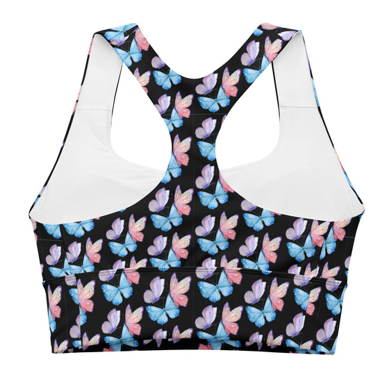 Back view of Butterfly Print Black Longline Sports Bra. The longline design and racerback style provide full support and freedom of movement, making it perfect for intense workouts or as part of a chic streetwear look.
