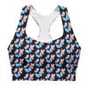 Front view of Butterfly Print Black Longline Sports Bra. Featuring an elegant butterfly print, this longline sports bra offers excellent support and comfort for running, jumping, and gym workouts. The compression fabric ensures a secure fit.
