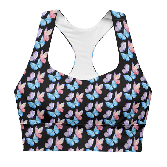 Front view of Butterfly Print Black Longline Sports Bra. Featuring an elegant butterfly print, this longline sports bra offers excellent support and comfort for running, jumping, and gym workouts. The compression fabric ensures a secure fit.
