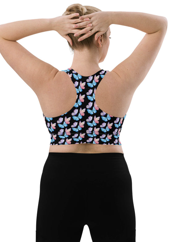 Back view of Butterfly Print Black Longline Sports Bra in large size. Offers a secure and supportive fit with double-layered front and shoulder straps, perfect for high-impact workouts and as chic streetwear.
