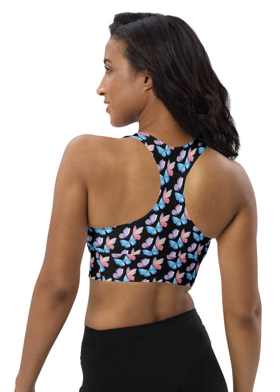 Back view of Butterfly Print Black Longline Sports Bra. Racerback design and longline cut for added coverage, providing stability and support during high-impact activities like lifting and running.