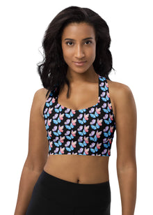  Woman wearing Butterfly Print Black Longline Sports Bra. Elegant butterfly print on a sleek black base, offering high support and stability during high-impact workouts like running and jumping. Stylish and comfortable for both the gym and streetwear.