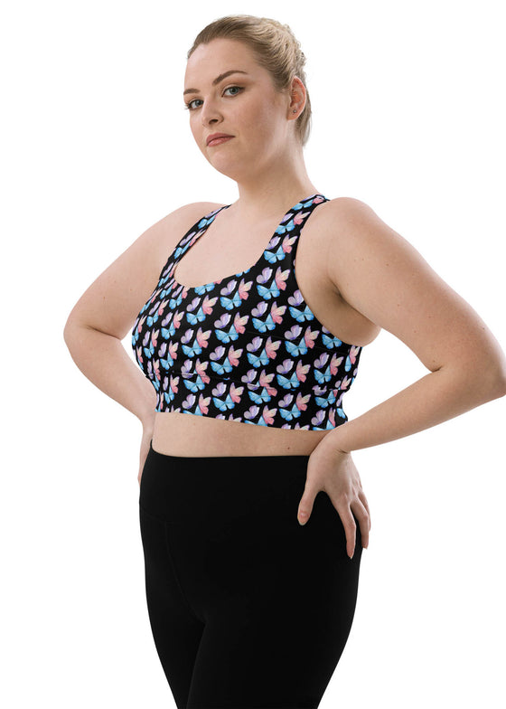 Side view of Butterfly Print Black Longline Sports Bra in large size. Longline design with compression fabric and double-layered straps provides maximum support and comfort for intense workouts and active wear.