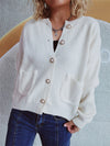 Front view of the Button Up Long Sleeve Cardigan featuring a buttoned closure and functional front pockets.