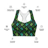 Close-up of the Cactus Bloom Black High Impact Racerback Sports Bra front, highlighting the vibrant cactus and lizard design. Designed for maximum support, comfort, and breathability during high-intensity workouts.