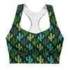 Front view of the Cactus Bloom Black High Impact Racerback Sports Bra. Stylish cactus bloom print with a fun lizard design, compression fabric, removable padding, and a snug fit for high-impact sports and all-day comfort.