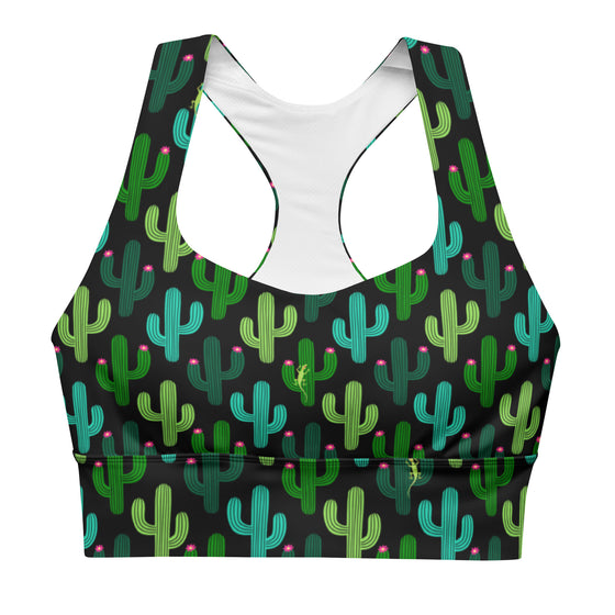 Front view of the Cactus Bloom Black High Impact Racerback Sports Bra. Stylish cactus bloom print with a fun lizard design, compression fabric, removable padding, and a snug fit for high-impact sports and all-day comfort.