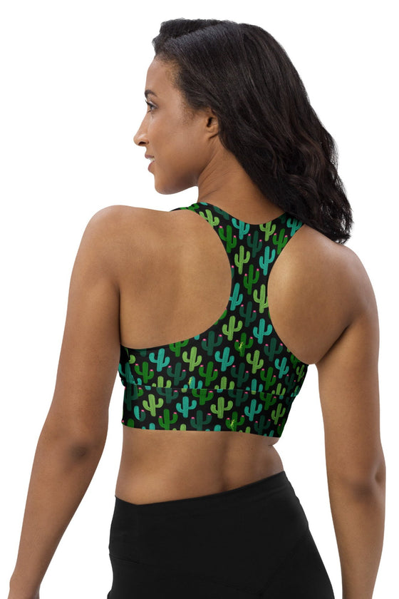 Back view of the Cactus Bloom Black High Impact Racerback Sports Bra . Showcasing the striking cactus pattern on a sleek black background, with high-impact support and adjustable straps for a customized fit.