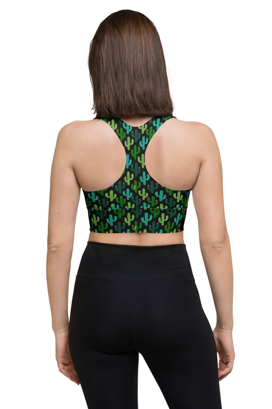 Back view of the Cactus Bloom Black High Impact Racerback Sports Bra. Racerback design ensures maximum mobility, breathable mesh lining, and high-support compression fabric ideal for gym sessions and high-intensity workouts.