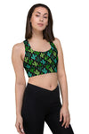 Front  view of the Cactus Bloom Black High Impact Racerback Sports Bra. Featuring a supportive racerback cut, adjustable straps, and moisture-wicking fabric for superior comfort and breathability.