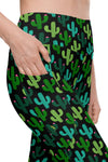 Close-up of Cactus Bloom Black High-Waisted Leggings with Pockets, highlighting the secure side pocket design for gym, yoga, and everyday wear.