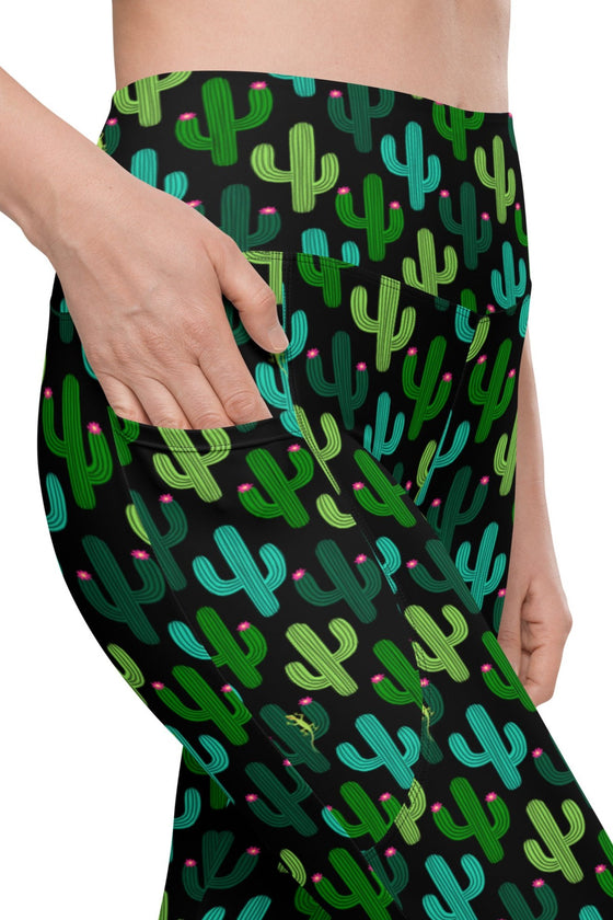 Close-up of Cactus Bloom Black High-Waisted Leggings with Pockets, highlighting the secure side pocket design for gym, yoga, and everyday wear.