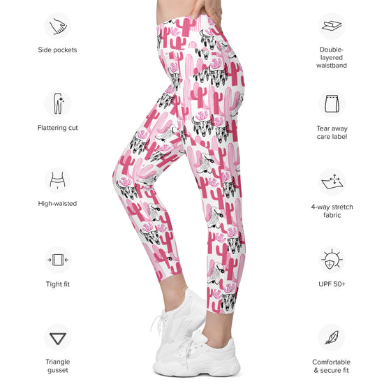 Closeup of waistband and fabric texture on Cactus Cowgirl high waist leggings. Shows stitching and softness of eco-friendly fabric with compression feel.