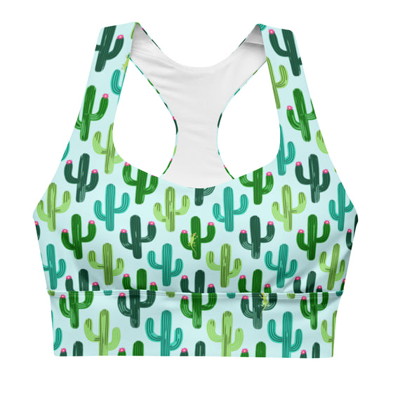 Front view of the Cactus Forest Teal Seamless Racerback Sports Bra. Stylish seamless sports bra with a fun cactus print, compression support, and a longline fit.