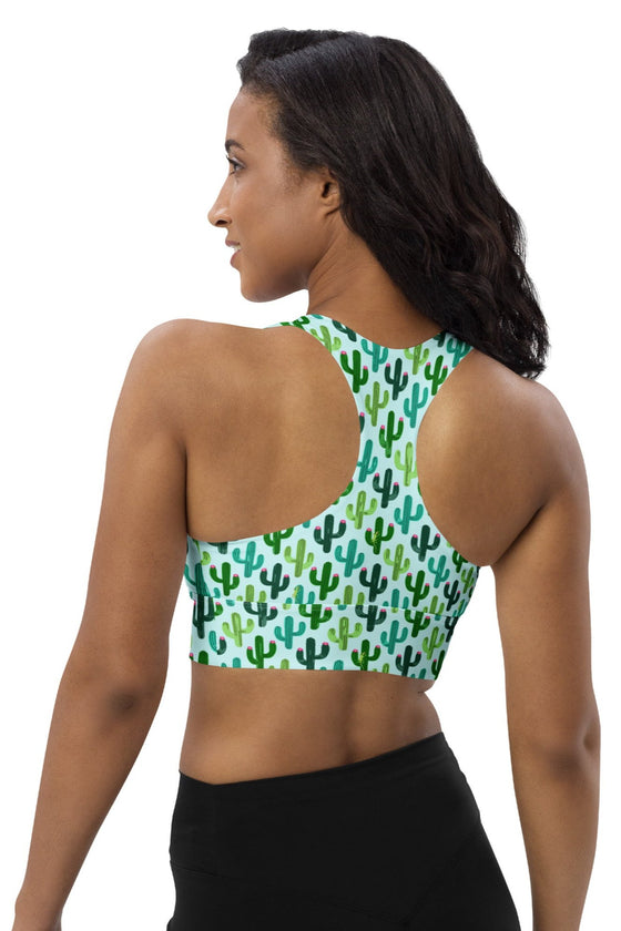 Back view of the Cactus Forest Teal Seamless Racerback Sports Bra. Racerback design with breathable, stretchable fabric for ultimate comfort and high sports bra support.