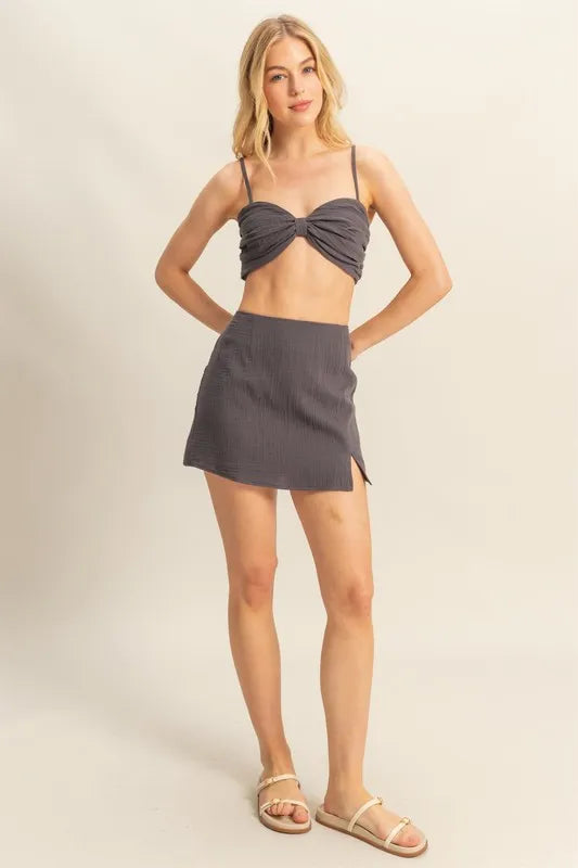 Front view of the Charcoal Bra Top and Mini Skirt Set, showcasing its chic and fitted design.