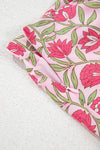 Detailed close-ups of fabric the floral print fabric, showing the vibrant colors, intricate pattern, and breathable softness that provide comfort and style in warm weather conditions.

