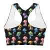 Back view of Colorful Mushrooms Black Gym Sports Bra. Racerback style and compression fabric provide optimal mobility and stability, perfect for weightlifting, running, or other high-impact workouts.