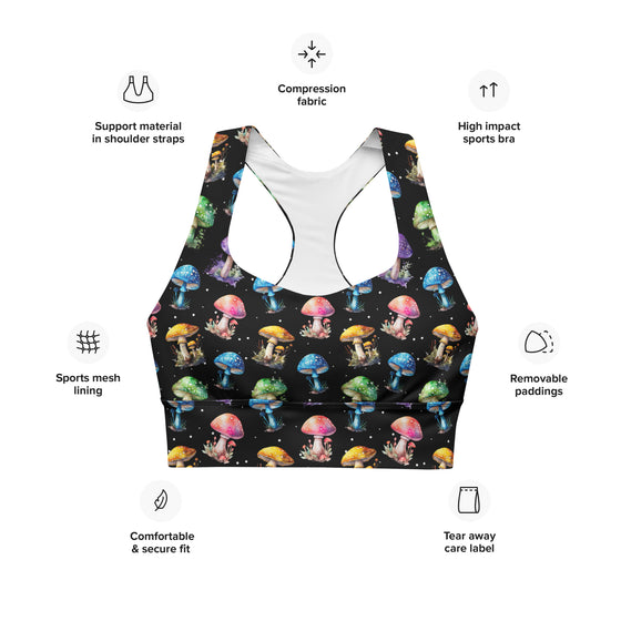 Colorful Mushrooms Black Gym Sports Bra. Vibrant mushroom print and high-impact support make this sports bra ideal for intense gym workouts, running, and weightlifting, offering maximum comfort and stability.