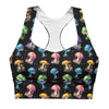 Front view of Colorful Mushrooms Black Gym Sports Bra. Bold mushroom print paired with double-layered fabric offers high support and a comfortable fit for active gym sessions and intense workouts.