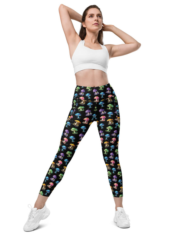 Colorful Mushrooms Print High-Waisted Gym Leggings with Pockets - Front View