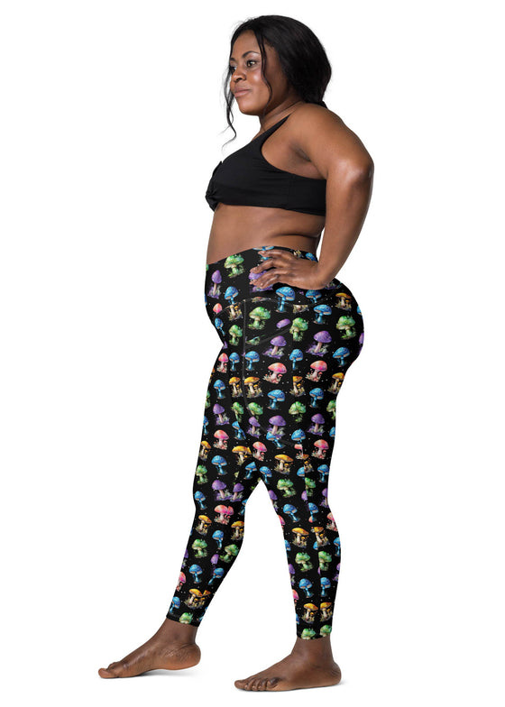 Colorful Mushrooms Print High-Waisted Gym Leggings with Pockets Large Size - Side View | Cori Michelle