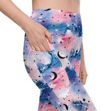  Closeup of celestial watercolor leggings showing deep side pocket. High waisted leggings for women with stars and moons print, perfect for yoga and gym.