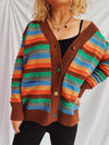 Close-up of a Contrast Stripes Button-Up Long Sleeve Cardigan with vibrant horizontal stripes in red, green, and beige tones, styled casually with black pants.

