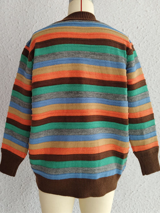 Back view of the Contrast Stripes Button-Up Cardigan showcasing its colorful striped pattern.