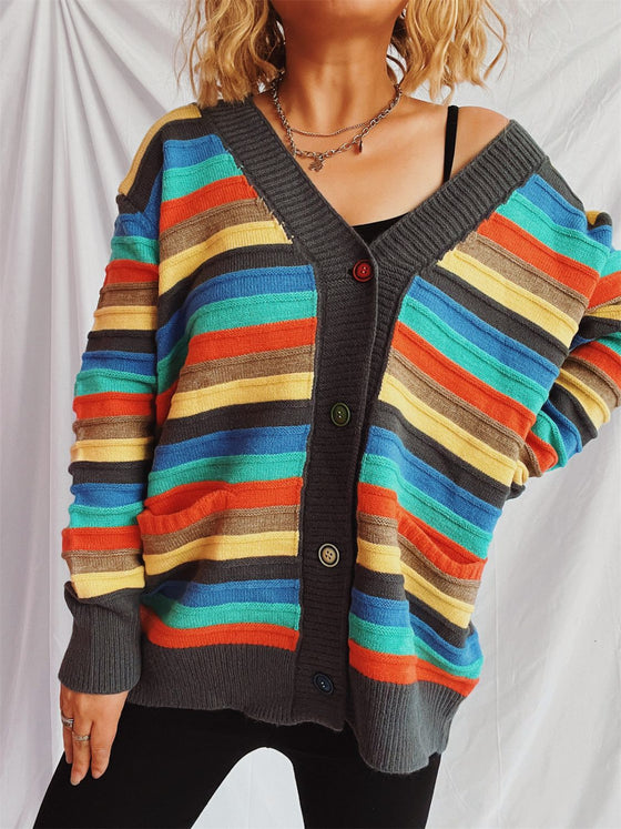 Close-up of the buttoned front on the Contrast Stripes Cardigan, highlighting the colorful buttons.