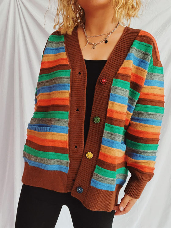 Close-up of the buttoned front on the Contrast Stripes Cardigan, highlighting the colorful buttons.