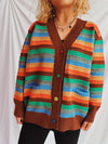 Close-up of the buttoned front on the Contrast Stripes Cardigan, highlighting the colorful buttons.