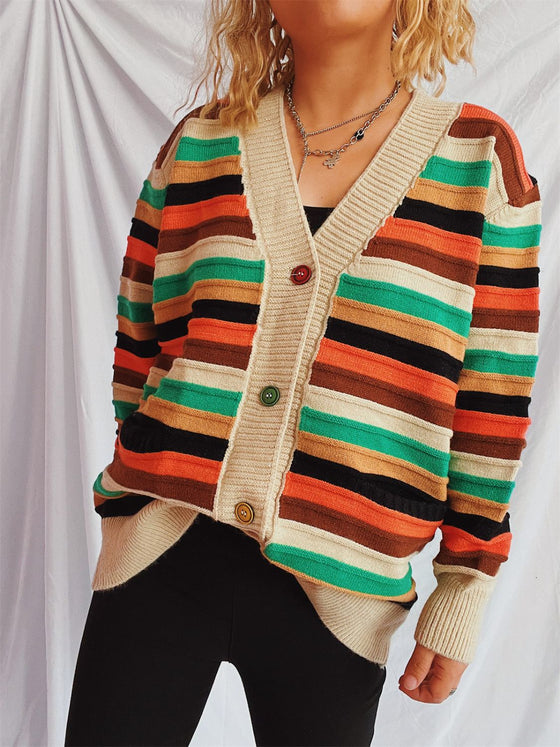 Front view of the Contrast Stripes Button-Up Cardigan featuring vibrant horizontal stripes and a relaxed fit.