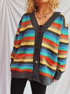 Front view of the Contrast Stripes Button-Up Cardigan featuring vibrant horizontal stripes and a relaxed fit.