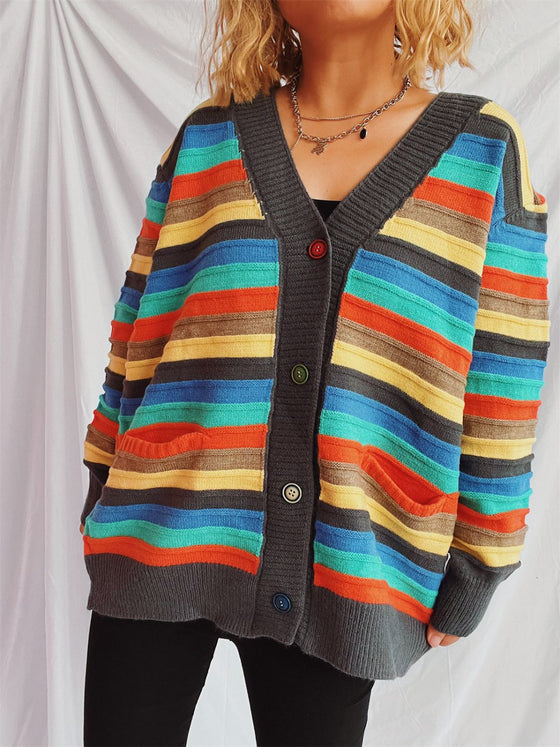 Front view of the Contrast Stripes Button-Up Cardigan featuring vibrant horizontal stripes and a relaxed fit.