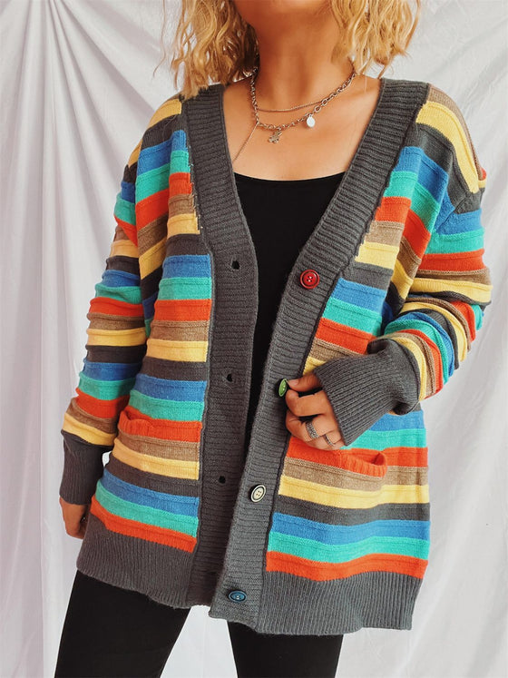 Front view of the Contrast Stripes Button-Up Cardigan featuring vibrant horizontal stripes and a relaxed fit.