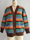 Front view of the Contrast Stripes Button-Up Cardigan featuring vibrant horizontal stripes and a relaxed fit.