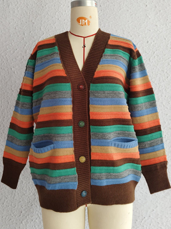 Front view of the Contrast Stripes Button-Up Cardigan featuring vibrant horizontal stripes and a relaxed fit.