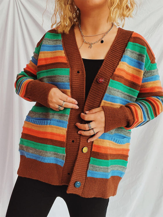 Front view of the Contrast Stripes Button-Up Cardigan featuring vibrant horizontal stripes and a relaxed fit.