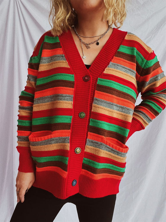 Front view of the Contrast Stripes Button-Up Cardigan featuring vibrant horizontal stripes and a relaxed fit.