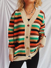 Model wearing the Contrast Stripes Button-Up Cardigan styled with casual black jeans and a necklace, perfect for everyday wear.
Bright, bold, and beautifully versatile, this striped cardigan is your go-to for effortless layering and standout style! 