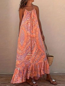  Front view of the Coral Backless Halter Neck Cami Dress, showcasing a vibrant coral shade with a flattering halter neckline.