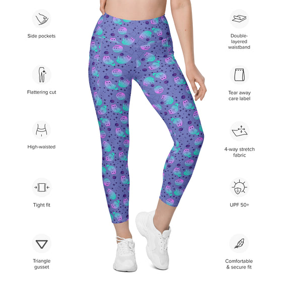 Cosmic Cat Slate Blue black leggings for women, highlighting the premium design and convenient pockets. Perfect for active wear and everyday comfort.