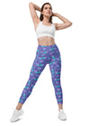 Woman wearing Cosmic Cat Slate Blue high-waisted leggings with pockets, showcasing a flattering front view. Ideal for gym workouts, yoga, and casual wear.
