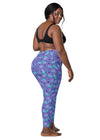 Back view of plus-size woman in Cosmic Cat Slate Blue high-waisted leggings with pockets. Designed to offer a flattering fit for all body types.
