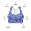 Close-up of the Cosmic Cats Slate Blue High Impact Sports Bra front, highlighting the celestial cat print, breathable material, and compression support for gym workouts.